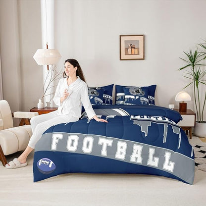Erosebridal Football City 7 Pcs Comforter Set Queen Football Bedding for Boys Girls Blue Rugby Game Sheet Set Bed in A Bag Football Fans Bedroom Decor Sports Ball Competition Quilt