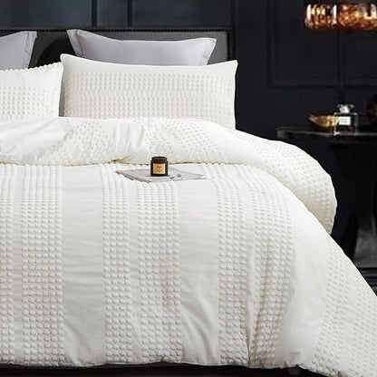 Cupocupa King Size Comforter Set, White Boho Tufted with Pom-Pom Trim, Soft Jacquard, Lightweight, 3-Piece Set, All-Season