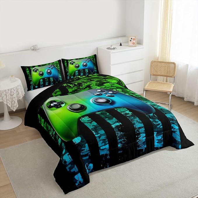 Gamer Comforter Set King Kids Boys Teens USA Flag Stars Down Comforter Gaming Comforter Gamer Room Decor Camo Video Game Bedding Set, Gamepad Console Duvet, Youth Young Man Quilt, Grunge Style