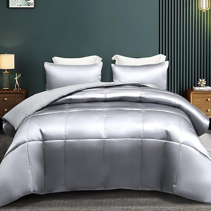 Whale Flotilla 3-Piece Reversible Silky Soft King Size Comforter Bedding Set, Luxurious Satin Comforters Oversized with 2 Satin Pillowcases, Lightweight Duvet for All Seasons, Grey