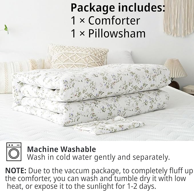 Botanical Cotton Comforter Twin Size - Tender Green Comforter Printed with Leafy Branches & Purple Stamens on Off-White,Reversible Lightweight Bedding Sets 2Pcs