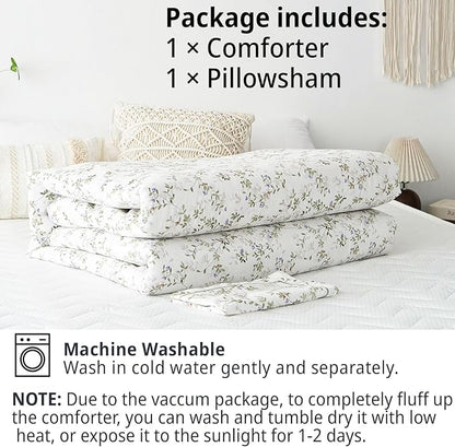 Botanical Cotton Comforter Twin Size - Tender Green Comforter Printed with Leafy Branches & Purple Stamens on Off-White,Reversible Lightweight Bedding Sets 2Pcs