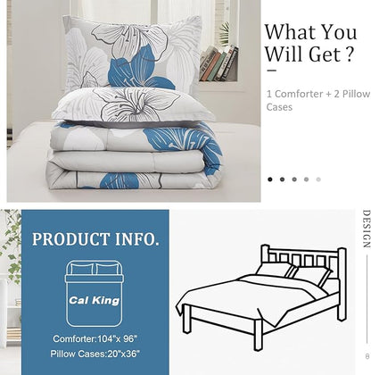 Menghomeus California King Comforter Set Blue Floral Comforter Botanical Bedding Sets Cal King Soft Microfiber Bed Comforter Set for All Season, 3 Pieces (1 Comforter, 2 Pillowcases)