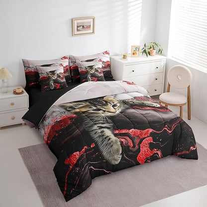 Erosebridal Red Marble Bedding Set 7 Pieces Watercolor Marble Ink Fluid Bed in A Bag Luxury Modern Marbling Cat Comforter Sets with Sheets, Retro Artwork Style Aesthetic Bed Set(Red, Twin)