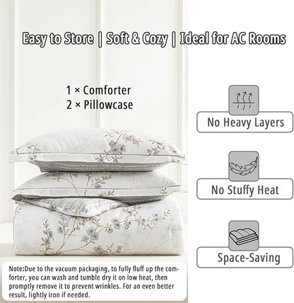Vintage Botanical White Cotton Comforter Queen Size - Elegant Gray Flowers and Taupe Branches on White, Light Gray Striped Back, 3PC Lightweight Bedding Set with Ultra-Soft Alternative Fill