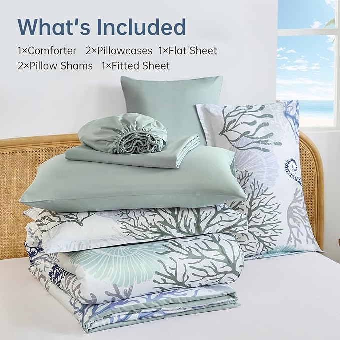 WONGS BEDDING Comforter Set Queen，Coastal Beach Theme Bedding Set, 7 Pieces Ocean Nautical Seaweed & Starfish Bed in a Bag for All Season(90"×90")