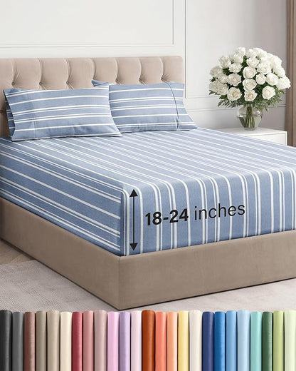 Extra Deep Twin Sheet Set - 4 Piece Breathable and Cooling Sheets - Hotel Luxury Bedding for Women, Men, Kids & Teens - Easy & Secure Fit - Soft and Wrinkle Free - Extra Deep Pockets - Blue Stripes