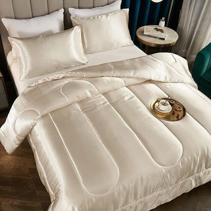 Bedding_Dreamer Satin Comforter King Silky Comforter Set Alternative Down Comforter Silk Like Beige Comforter for Women Luxury Hotel Silky Cream 1 Comforter 2 Pillowcase (King, Beige)