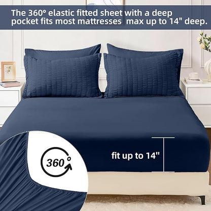 FUANNA King Size Comforter Set 7 Pieces, Luxury Seersucker Bed in a Bag King for All Seasons, Soft King Bedding Set with Comforter, Flat Sheet, Fitted Sheet, Pillowcases & Shams for Bedroom, Navy Blue
