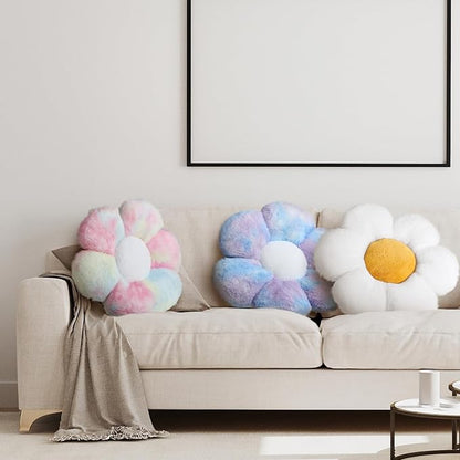 Sratte 3 Pcs Flower Pillows Flower Shaped Throw Pillows Cute Daisy Plush Pillow Decorative Floor Pillow Seat Cushion for Bedroom Home Sofa Chair Couch Decor(Dazzling Color,White,16")