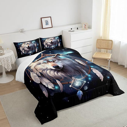 Erosebridal Wolf Dream Catcher Toddler Bedding Set,Indian Wolf Hunting Comforter Set for Kids Boys Girls Room Decor,Boho Exotic Quilt Set Wildlife Safari Bedding Comforter Sets,1 Pillowcase