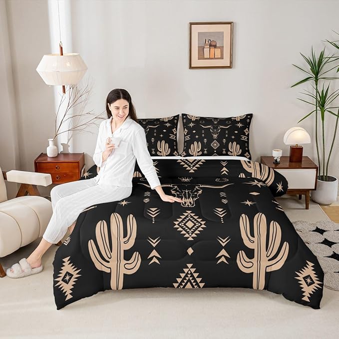Erosebridal Boys Bull Skull Comforter Set King Size, Western Cowboy Bedding Set Vintage Southwestern Duvet Insert Bohemian Geometric Cactus Quilt Tribal Exotic Ethnic Bedroom Decor, Black Brown