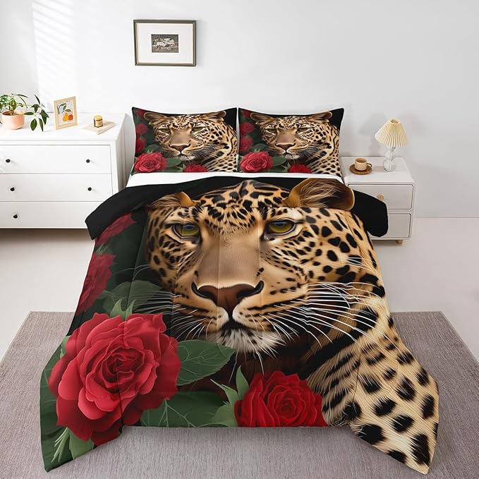 Erosebridal Red Rose Cheetah Bedding Set,Cat Leopard Print Comforter Set,Romantic Flowers Down Comforter,Animal Theme Bedroom Decor for Boys Girls Youth Men Women Female,King Size