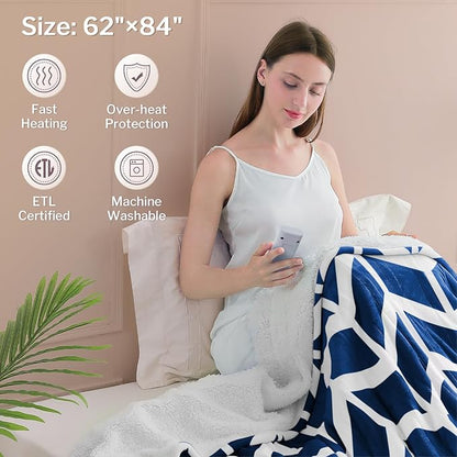 VENTIMI Electric Blanket Heated Throw, 62" x 84" Heated Blanket with 9 Heat Levels & 2 to 10 Hours Auto Off, Fast Heating Blankets with ETL & FCC Certification, Navy
