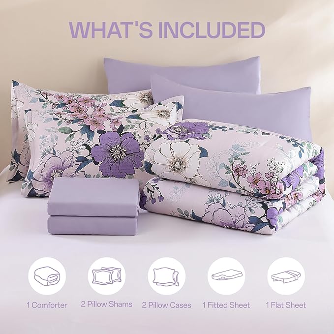 Xruibed Purple Floral Comforter Set Queen Size 7 Pieces Bed in a Bag Flower Comforter Set with Sheet, Pillowcases, Pillowshams, Soft Microfiber Bedding Set for All Season (Queen 90''x90'')