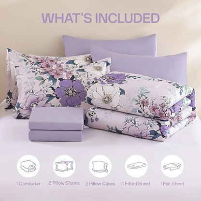 Xruibed Purple Floral Comforter Set King Size 7 Pieces Bed in a Bag Flower Comforter Set with Sheet, Pillowcases, Pillowshams, Soft Microfiber Bedding Set for All Season (King 104''x90'')