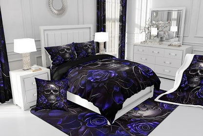 Erosebridal Gothic Skull Bedding Set for Adluts Teens Halloween Goth King Size Comforter Set Vintage Victorian Romantic Navy Blue Rose Floral Quilt Spooky Skeleton Boho Horror Bedding,Gothic Decor