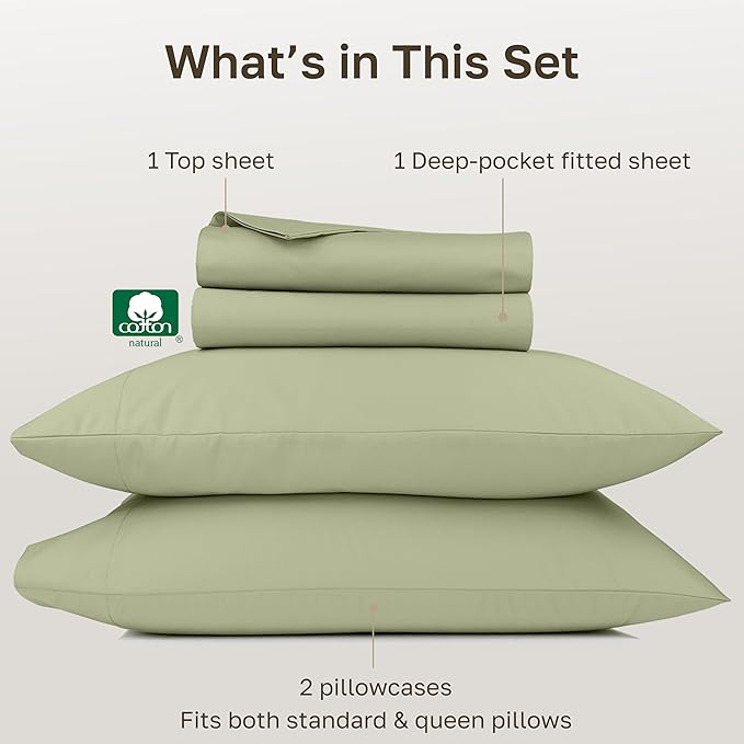 California Design Den Thick and Natural 100% Cotton Bedsheets Queen Size Bed Set - 1000 Thread Count Sheets Queen, Sateen, Deep Pockets, Durable Bedding Set - Sage Green
