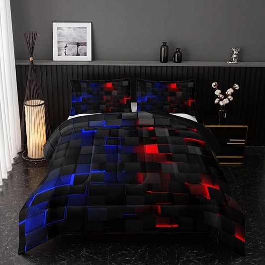 Neon Red and Blue Comforter Set Queen Geometric Kids Bedding Set,3 PCS Geometry Honeycomb Bed Set Modern Quilt Set 1 Comforter 2 Pillow Cases Cool Room Decor All Season B-Side Black