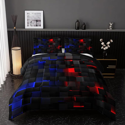 Neon Red and Blue Comforter Set King Geometric Kids Bedding Set,3 PCS Geometry Honeycomb Bed Set Modern Quilt Set 1 Comforter 2 Pillow Cases Cool Room Decor All Season B-Side Black