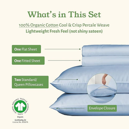 California Design Den Soft 100% Organic Cotton Queen Sheet Set - Crisp and Cool Percale, Deep Pocket Organic Cotton Sheets with Anti-Skid Elastic, Breathable and Durable Bedding Set - Light Blue