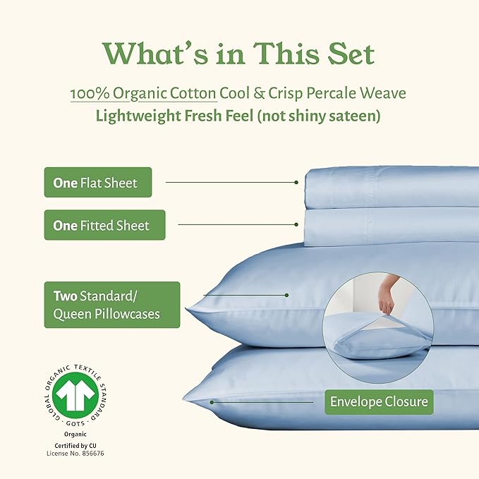 California Design Den Full Size Bed Sheets Set - Soft 100% Organic Cotton Sheets, Crisp and Cool Percale, Deep Pockets with Anti-Skid Elastic, Breathable and Durable Bedding Set - Light Blue