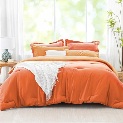 Queen Comforter Set Burnt Orange Reversible Bedding Set, 7 Pieces Soft Bed in a Bag Queen with Comforter, Sheets, Pillowcases & Shams, All Season Boho Queen Bed Set, Contrasting Design