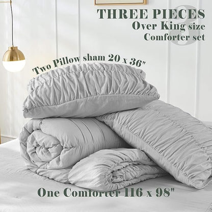 Bonlino King Size Comforter Set Bedding - Ruched Light Grey Comforter King Bed Set Boho Shabby Chic Comforter Fluffy 3 Piece Ruffle Comforter Set Pillow Girl Bedding Soft and Luxury