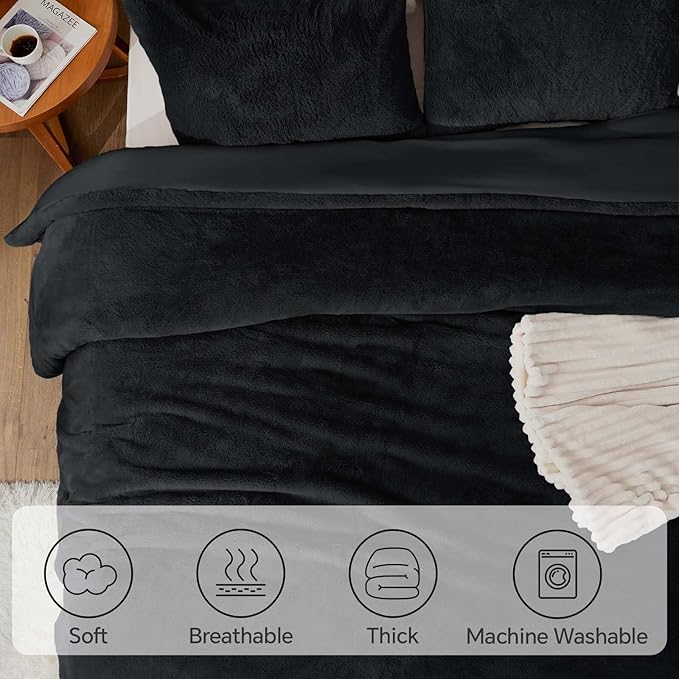 BEDELITE Faux Fur Fleece King Comforter Set - Fluffy & Warm Black Comforter King Size，Ultra Soft and Cozy Winter Bedding Set,Fuzzy Thick Bed Set,1 Comforter and 2 Pillowcases