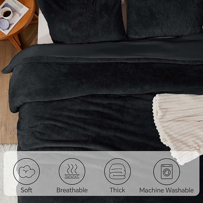 BEDELITE Faux Fur Fleece Queen Comforter Set - Fluffy & Warm Black Comforter Queen Size，Ultra Soft and Cozy Winter Bedding Set,Fuzzy Thick Bed Set,1 Comforter and 2 Pillowcases