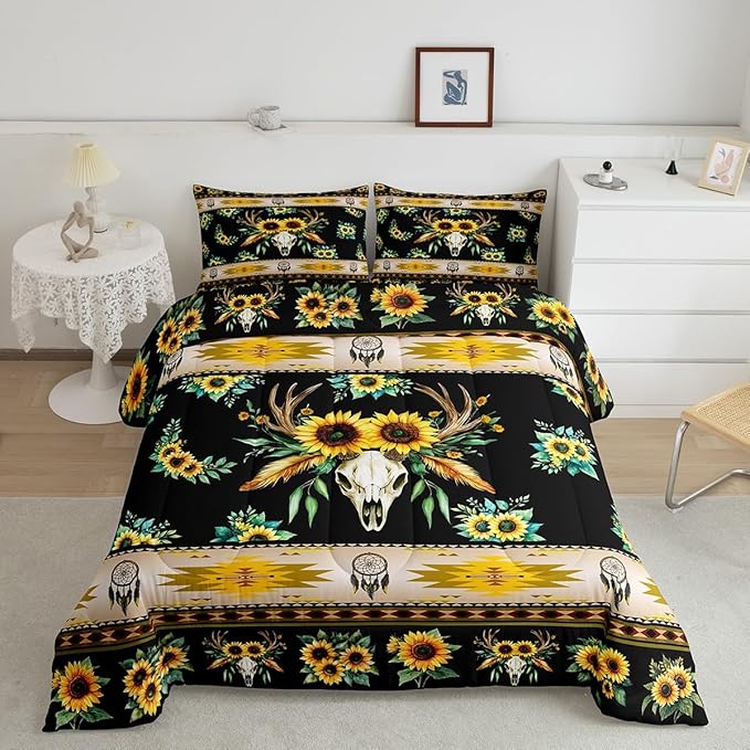 Erosebridal Western Comforter Set Queen,Sunflower Bull Skull Quilt Bohemian Flowers Bedding Sets,Exotic Dream Catchers Duvet Insert Southwestern Tribe Arrow Aztec Western Home Decor