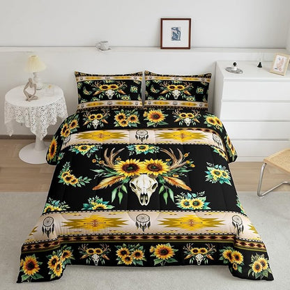 Erosebridal Western Comforter Set Twin,Sunflower Bull Skull Quilt Bohemian Flowers Bedding Sets,Exotic Dream Catchers Duvet Insert Southwestern Tribe Arrow Aztec Western Home Decor