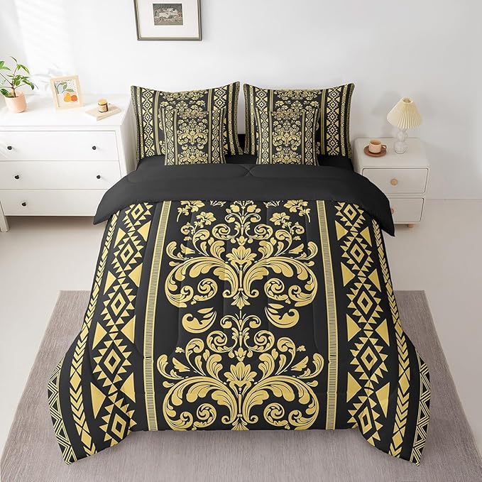 Comforter Set King Size, Black Gold Damask Aztec 7 Pcs Bedding for Kids and Adults, Antique Decor Western Baroque Gothic Bed Sheet Sets with Fitted Sheet 2 Pillowcases & 2 Shams for Bedroom Bed Decor