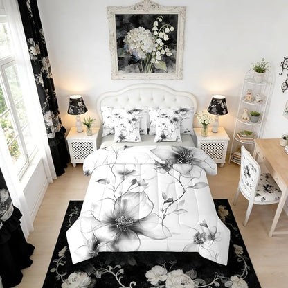 Erosebridal Black and White Comforter Set with Sheets King, Boho Flower 7 Pcs Bedding Set for Women Men Adults, Artistic Watercolor Floral Bed in A Bag, Ink Painting Style Blossom & Leaf Bed Sets