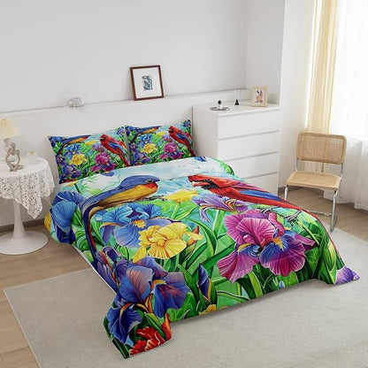 Erosebridal Cardinal Bird Comforter Set Hummingbird Floral Bedding Set Twin Retro Watercolor Rustic Iris Flowers Quilt Comforter for Kids Adults Country Farmhouse Bed Set Colorful Home Decor