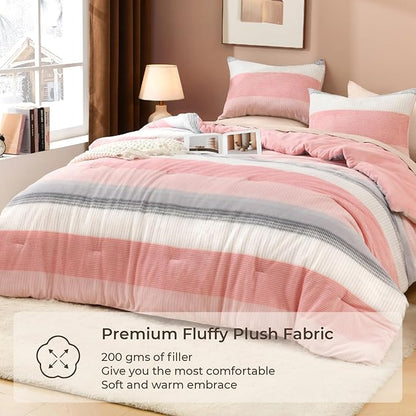 Litanika Fluffy Fleece Twin Comforter Set, Luxury Soft Plush Fuzzy Blush Stripe Bedding Comforter Sets, Warm Shaggy Faux Fur Bed Set All Season (1 Comforter, 1 Pillowcase)