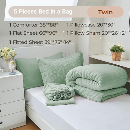 MUXHOMO 5 Pieces Twin Comforter Set, Seersucker Bed in a Bag Twin Size, All Season Luxury Bedding Set with Comforter, Flat Sheet, Fitted Sheet, Pillowcase & Sham, Sage Green