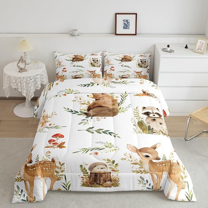 Erosebridal Kids Cute Deer Toddler Size Bedding Set, Woodland Animal Down Comforter Rabbit Hedgehog Comforter Set for Boys Teens Girls Room, Mushroom Branches Rustic Quilt, Soft Microfiber