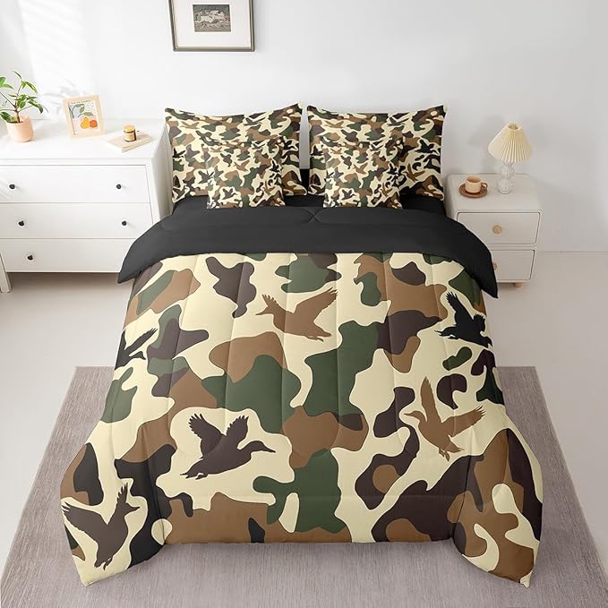 Erosebridal Camo 7 Piece Comforter Set Queen Size Duck Hunter Bedding for Kids Army Camouflage Hunting Bed in A Bag Sheet Set Vintage Green Brown Bedroom Decor Wild Animal Duck Rustic Bed Set