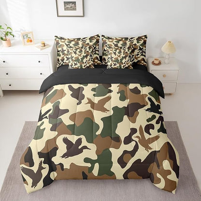 Erosebridal Duck Hunting 7 Pcs Bed Set King Size Camo Bedding for Kids Army Camouflage Hunting Bed in A Bag Sheet Set Vintage Green Brown Bedroom Decor Wild Animal Duck Rustic Comforter Set