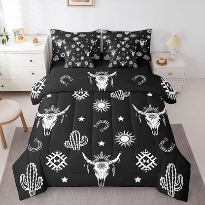 Erosebridal Western Bull Skull Bedding Set Full Boho Aztec Comforter Set 7 Piece Vintage Tribal Exotic Ethnic Bed in A Bag for Kids Boys Men Bohemian Geometric Cactus Quilt with Flat Fitted Sheet