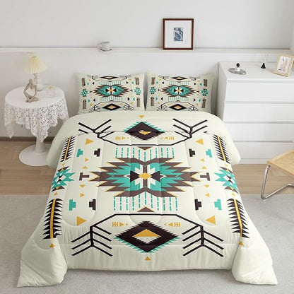 Southwest Comforter Set King Size Rustic Tribal Aztec Style Quilt Set Abstract Art Vintage Bedding Set 3pcs for Women Adults Teens Kids Home Decor Green Brown Arrow Duvet Insert,2 Pillowcases