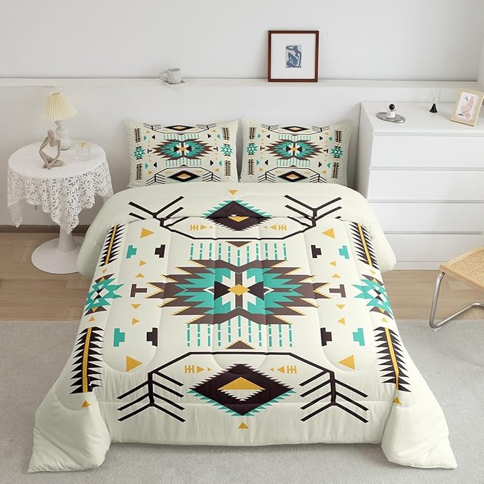 Southwest Comforter Set Twin Size,Rustic Tribal Aztec Style Quilt Set Abstract Art Vintage Western Bedding Set 2pcs for Women Adults Teens Kids Home Decor Green Brown Arrow Duvet Insert,1 Pillowcase