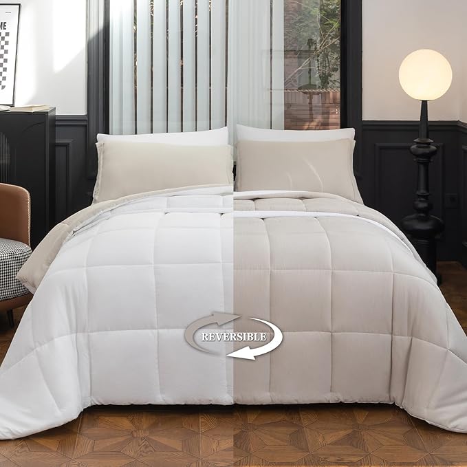 White Queen Comforter Set - 8 Piece Bed in a Bag All Season Luxury Bedding Sets with Reversible Microfiber Comforter, Bed Skirt, Flat Sheet, Fitted Sheet, Pillowcase and Pillow Sham