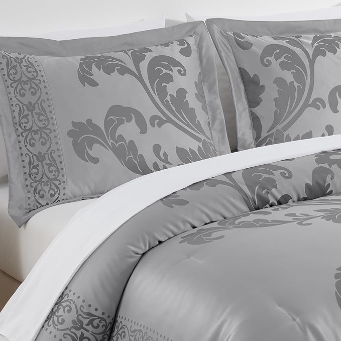 Chezmoi Collection Valor 7-Piece Queen Bed in a Bag, Silver/Gray Luxury Jacquard Floral Comforter with Sheets Set for All Season