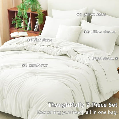 CozyLux Full Size Comforter Set Ivory, 7 Pieces Bed in a Bag Full Comforter Set with Sheets, Soft Bedding Set with Down Alternative Comforter, Fitted Sheets, Flat Sheets, Pillow Shams and Pillowcases