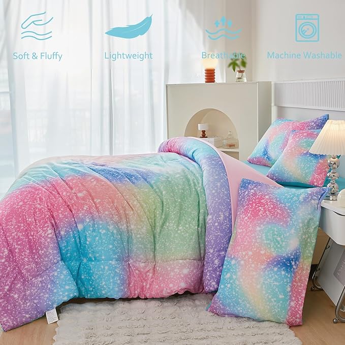 PERFEMET Pink Green Girls Twin Comforter Set, 6 Pieces Colorful Rainbow Kids Bedding Sets, Tie Dye Ombre Glitter Bed in A Bag Comforter Set with Sheets