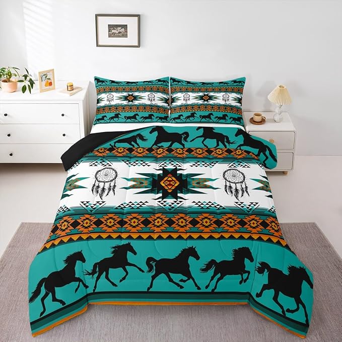Feelyou Boho Comforter Set King Size Southwestern Native Aztec Comforter Bohemian Dream Catchers Bedding Set Horses Duvet Set Room Decor Azure Quilt Set