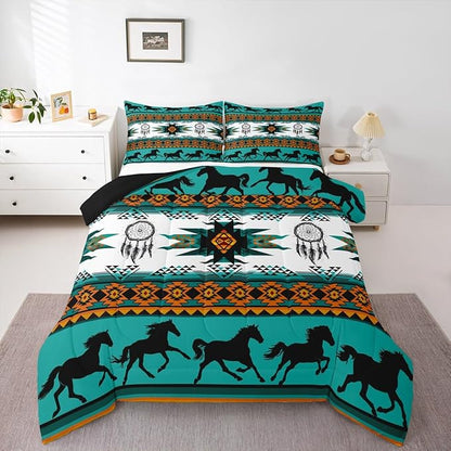 Feelyou Boho Comforter Set Full Size Southwestern Native Aztec Comforter Bohemian Dream Catchers Bedding Set Horses Duvet Set Room Decor Azure Quilt Set