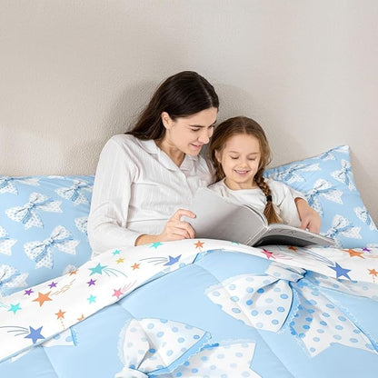 Erosebridal Blue Cartoon Bowknot King Bedding Set For Girls,Cute Kawaii Dot Bow Comforter Set Girly Coquette Princess Style Bedding Comforter Sets For Kids Teen Adults,Romantic Aesthetic Bow Tie Quilt